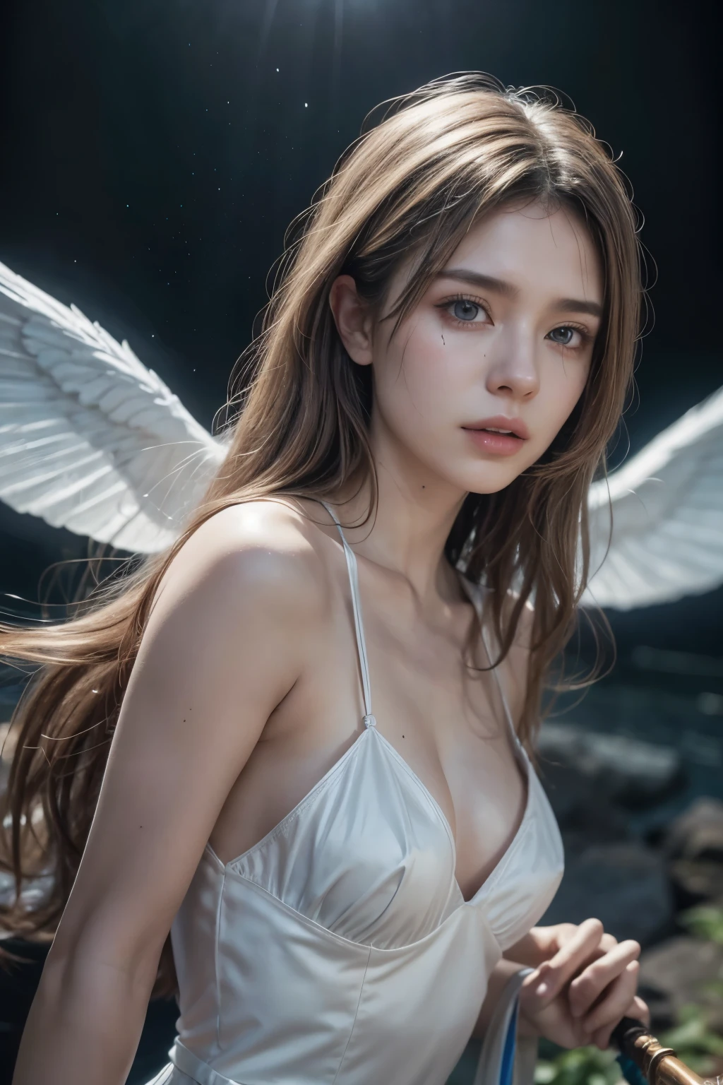spelling the magic, wearing something like cosplay outfit, impossible fantasy scene, have the wings on back, flying over the sea, holding a mage spear, emitting big storm from the mage spear, all around area is lighted, detailed face, long white hair, long white hair, hair is shaggy and dishevelled by the wind, beautiful white-colored translucent skin, slendar figure, skiny chest , heavy-makeup, small nose, smooth shaped jawline, glossy face, flushed cheeks, a little sweating, detailed eyes, detailed lips, beautiful long eyelashes, photorealistic, highly detailed, 8k, best quality, masterpiece, vibrant colors, dramatic lighting, cinematic composition, digital art
