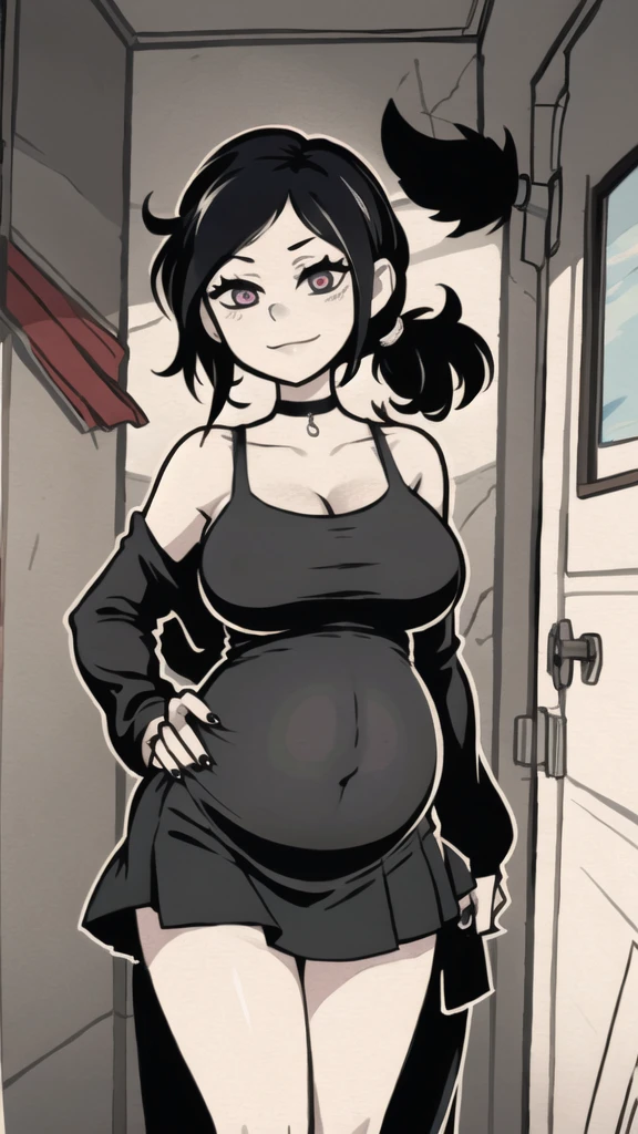 ashleyvk, 1girl, solo, black hair, big breasts, choker, long hair, anime coloring, bare shoulders, mini skirt, smile, pregnant, huge belly, black nails