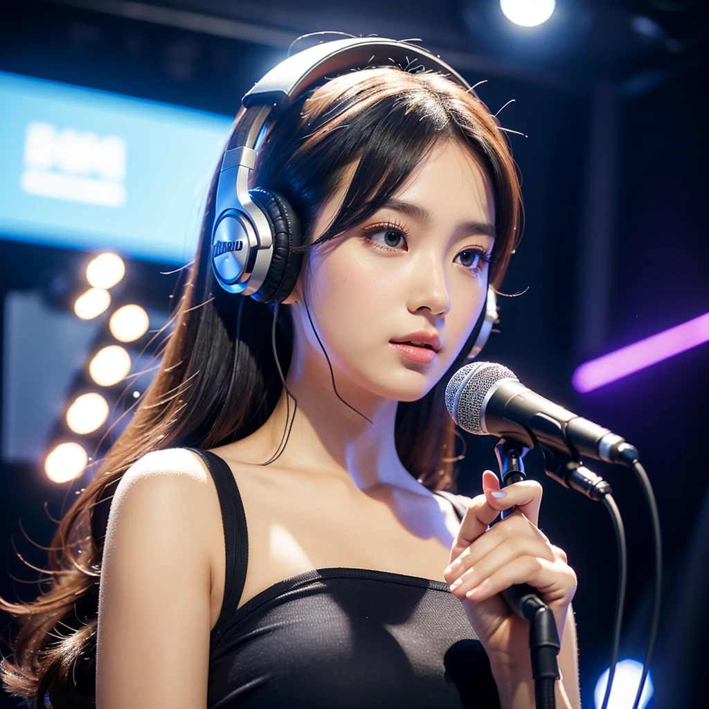 ((Best quality)), ((masterpiece)), (detailed),4K quality, HD quality, sharp details full realism, girl announcer standing near microphone, recording studio, girl looking straight, camera 2 meters away, girl wearing headphones

