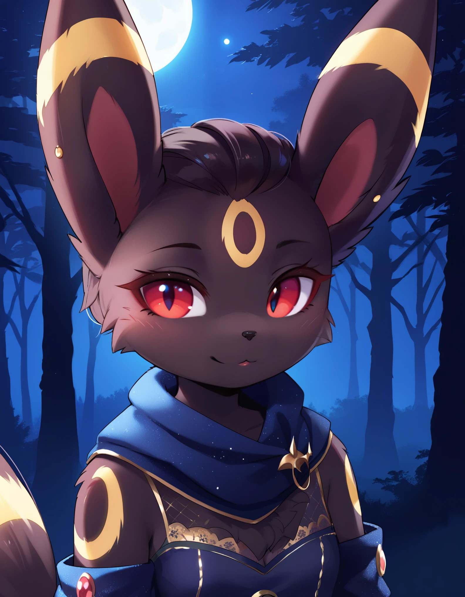 score_9, score_8_up, score_7_up, source_furry, rating_safe, (ancesra), by magnaluna,, 1girl,anthro, umbreon, black body fur, gold markings, pokemon, red eyes, fluffy fur, at night, moonlight, forest, detailed background, best quality, clothing