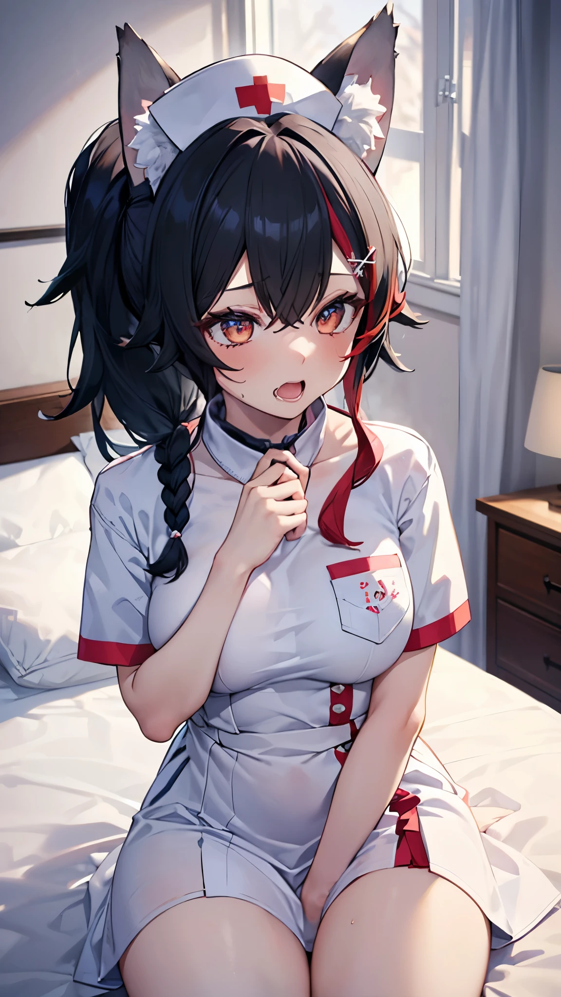 (best quality:1.2), (ultra detailed:1.2),(masterpiece:1.2),(8k:1.2),(Blessed,Captivating body、Ultra detailed hands、Ultra-detailed eyes、Ultra-detailed skin、ultra-detailed face,Detailed Background),One Girl、(bedroom,nurse, nurse cap, breast pocket, collared dress, short dress, short sleeves, thighs, white dress, white headwear), miosha1, hairclip, side braid, ponytail, Wolf tail,(ecstasy, aroused:1.5)