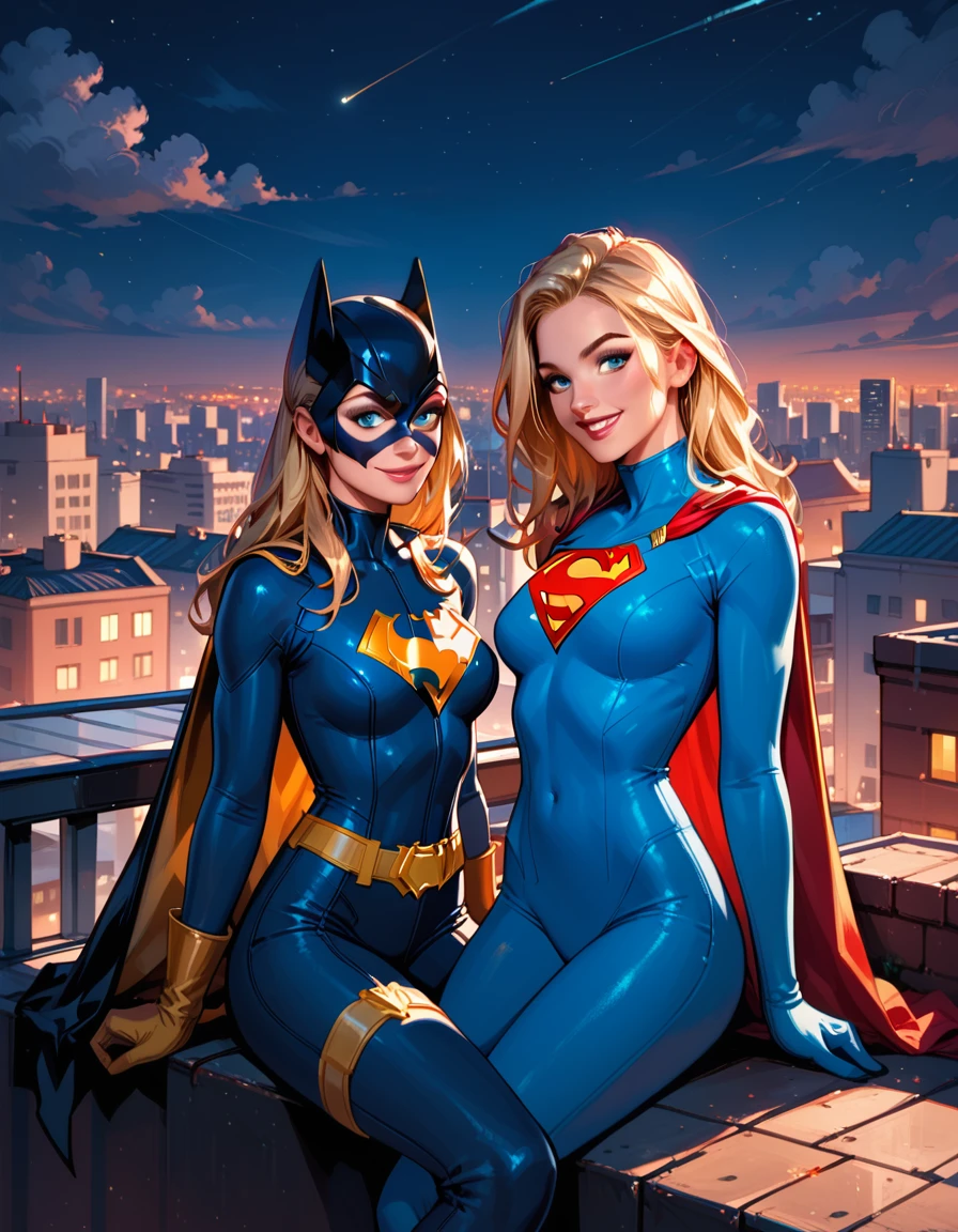 score_9, score_8_up, score_7_up, score_6_up, 2girls, Supergirl and Batgirl, sitting together, smiling, girlfriends, lovers, city rooftop, night, cinematic lighting.