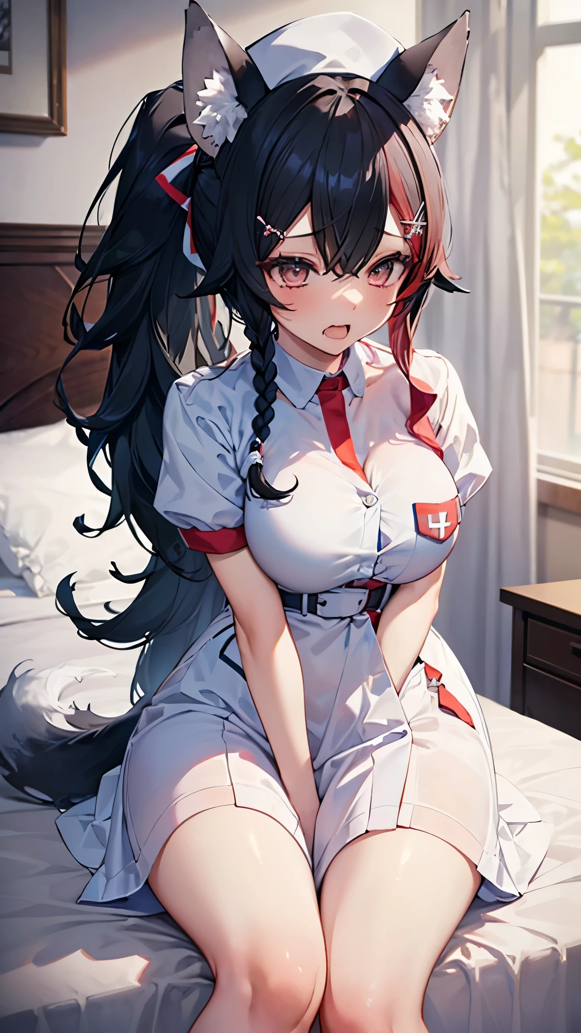 (best quality:1.2), (ultra detailed:1.2),(masterpiece:1.2),(8k:1.2),(Blessed,Captivating body、Ultra detailed hands、Ultra-detailed eyes、Ultra-detailed skin、ultra-detailed face,Detailed Background),One Girl、(bedroom,nurse, nurse cap, breast pocket, collared dress, short dress, short sleeves, thighs, white dress, white headwear), miosha1, hairclip, side braid, ponytail, Wolf tail,(ecstasy, aroused:1.5)