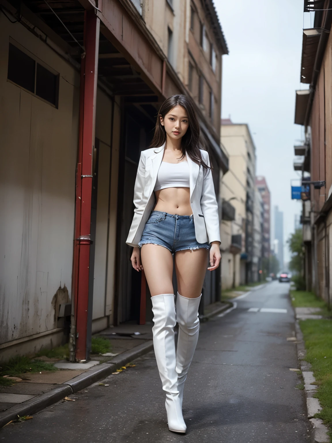 masterpiece,highest quality,High resolution,Full Body View,White jacket,Red innerwear,Belly button,Belted denim mini shorts,The heroine in white long boots with high heels,Perfect Legs,Perfect Skin,Perfect Arms,Abdominal muscles,The background is an abandoned factory