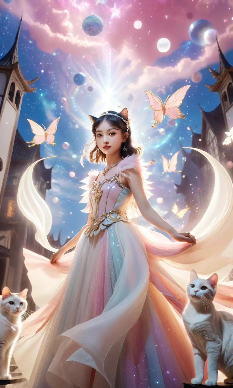 in a fantasy realm, A girl stands among a group of adorable winged cats. she、She is wearing a dazzling princess dress decorated with twinkling stars that reflect different colors. Background、It depicts a surreal dreamscape with bright pink and pure white hues.. On top of that, Whimsical, surreal clouds twist and swirl, Creates an otherworldly atmosphere. The composition plays with exaggerated angles and perspective, Inject dynamism into the scene. For special effects、The subtle ethereal glow around the cat、Includes a girl&#39;s happy expression. The lighting is cinematic, soft, Diffuse lighting adds a fantastical texture. the result、Provides a captivating and emotional visual experience, captured in high definition、Rendered in HDR.