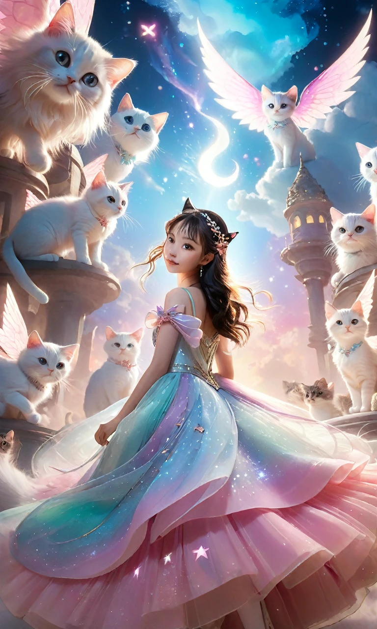 in a fantasy realm, A girl stands among a group of adorable winged cats. she、She is wearing a dazzling princess dress decorated with twinkling stars that reflect different colors. Background、It depicts a surreal dreamscape with bright pink and pure white hues.. On top of that, Whimsical, surreal clouds twist and swirl, Creates an otherworldly atmosphere. The composition plays with exaggerated angles and perspective, Inject dynamism into the scene. For special effects、The subtle ethereal glow around the cat、Includes a girl&#39;s happy expression. The lighting is cinematic, soft, Diffuse lighting adds a fantastical texture. the result、Provides a captivating and emotional visual experience, captured in high definition、Rendered in HDR.