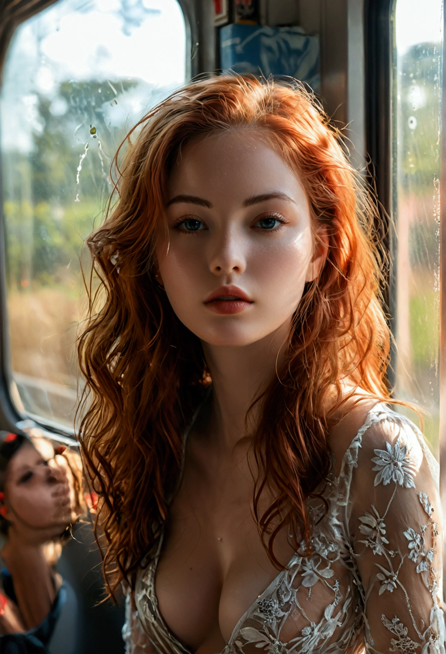 (full body shot:1.7) photorealistic image of a (standing pose:1.3) woman, ultra realistic, photography, long red hair, girl, 24 years old, hourglass figure, perfect body, natural medium breasts, blur background, smokey eye make-up, long eyelashes, looking seductive, seduction, dreamy look, full body, full body picture, full body shot, wide angle, wide angle picture, she is sitting in the train, she is sweating, she has a small fan in her hand, outside it is a beautiful sunny day, glistening skin, moist skin, through the open window a fresh breeze comes in