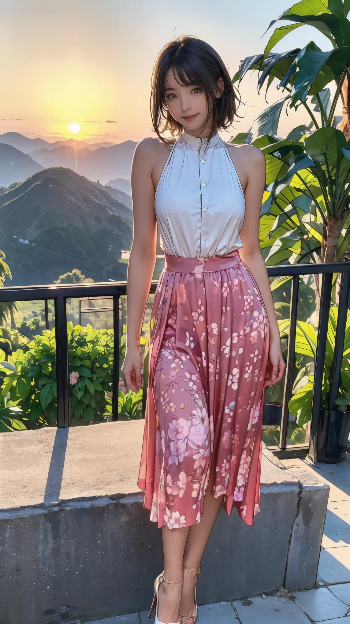 ((masterpiece)),(((Highest quality))),A low-angle shot that highlights beautiful thighs:1.5,Long legs,The best smile:1.5,Slim figure:1.5,whole body:1.5,(One Girl:1.3),(Viewer Display:1.4),(Pointy high heels:1.3),(Standing with legs apart on top of a mountain in the setting sun:1.2),(Wear a long skirt dress with floral or plant patterns:1.2),Curly Hair:1.5,