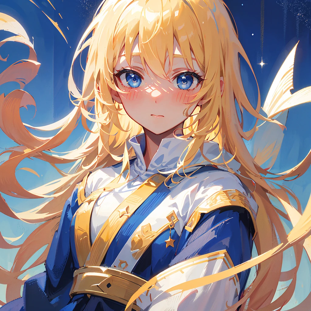 portrait, Even the upper body is visible, ((best quality)), ((masterpiece)), (detailed), 1 woman, blushing, Those blessed with stars, blonde hair, blue eyes, Long Robe