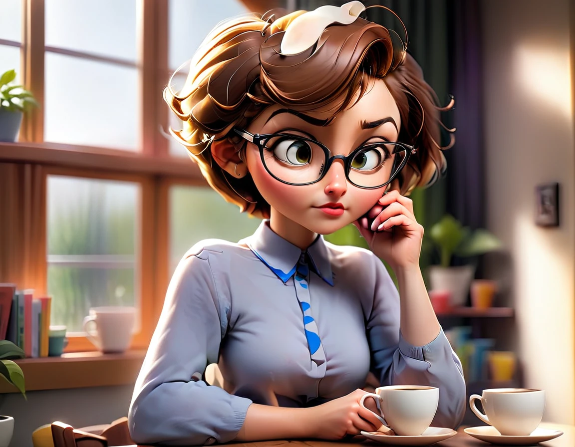  A woman with short hair and glasses, beautiful body, big breasts, thin waist, wide hips, wearing a blouse and jeans, drinking a cup of coffee at home in the morning, rays of the sun hitting the window 