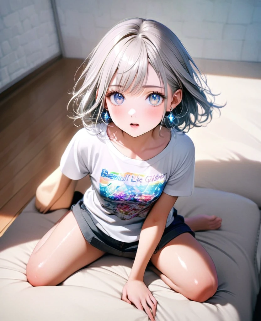 8K,gal,an extremely delicate and beautiful,Beautiful and realistic skin,Shiny jewel-like earrings,Shine like glitter long silver hair,beautiful eyes,full body,スキニージーンズ,Tシャツ,ファッションモデル
