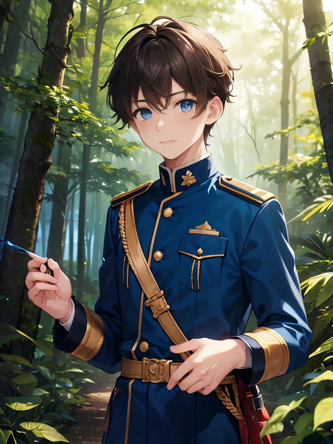 1boy,guy,standing in the forest, Surprised expression,Hand holding chin,wearing blue army uniform,,blue eyes,half body photo,18 years old,Curly hair,medium hair,undercut hairstyle,light brown hair, ultra detail,masterpiece