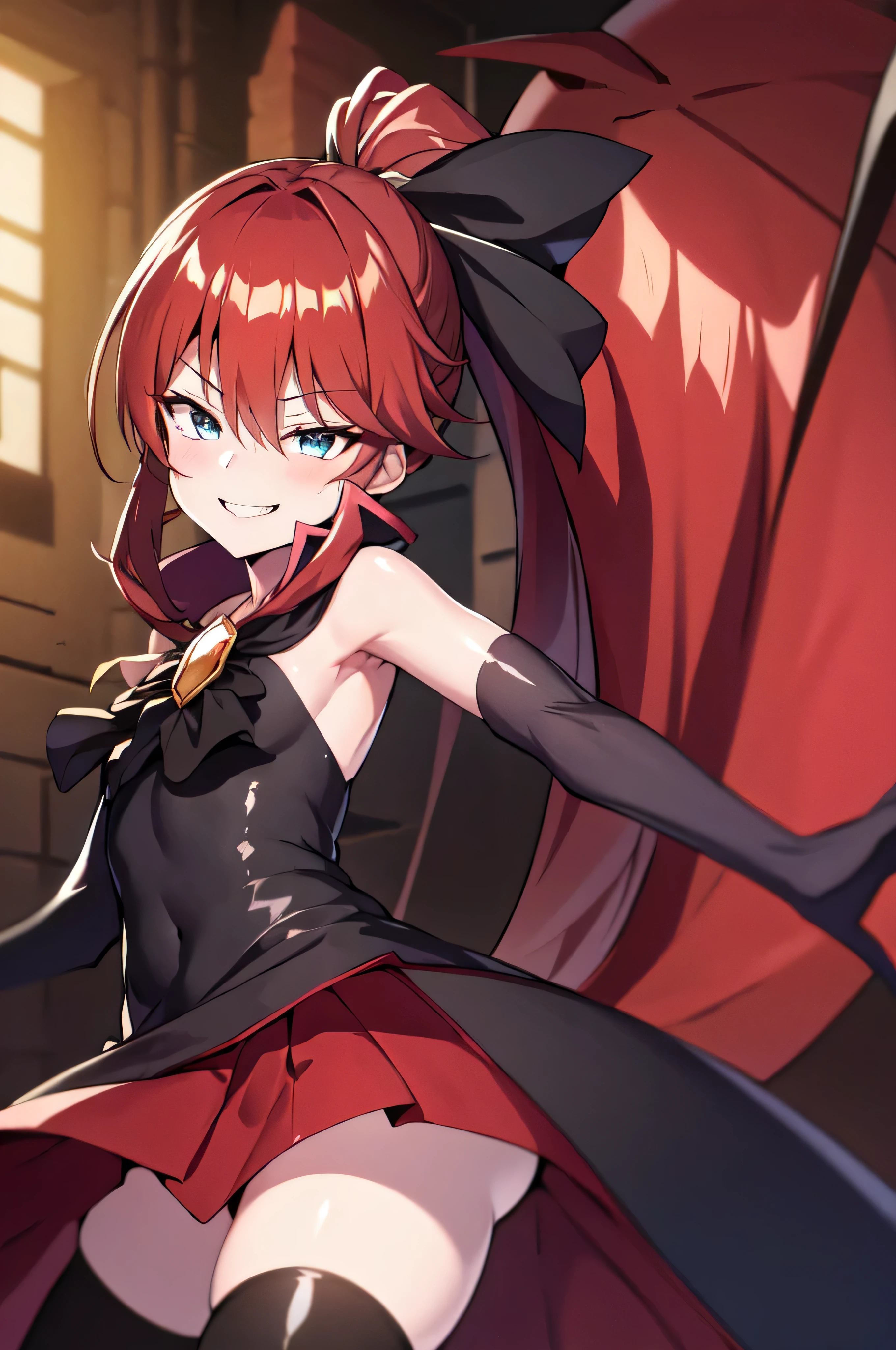 Highest quality, masterpiece, One Girl,Not beautiful, Red Ponytail, Long dress, brooch, Hair Ribbon, Black knee socks, Standing on the rubble, (Wicked Smile:1.1), ,,Dark shadowed face,Sadistic smile,Malice,Contempt,smile,latex,Bad face,,Red Skirt,two hands,Two legs,five fingers,evil background,elbow gloves,latex, Wicked Smile, devilish aura (Shiny fabric:1.5),Dark world background,solo,kick