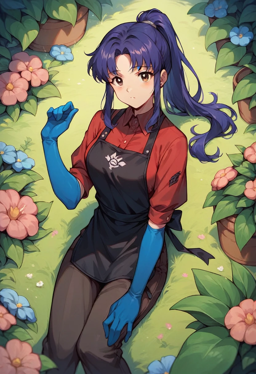 1girl, misato katsuragi, ponytail, ((blue half elbow gloves)), (red shirt), ((long sleeves)), (black apron), (pants), looking at viewer, plants flowers in the ground, digs in the ground, ((in blue half elbow gloves)), solo
