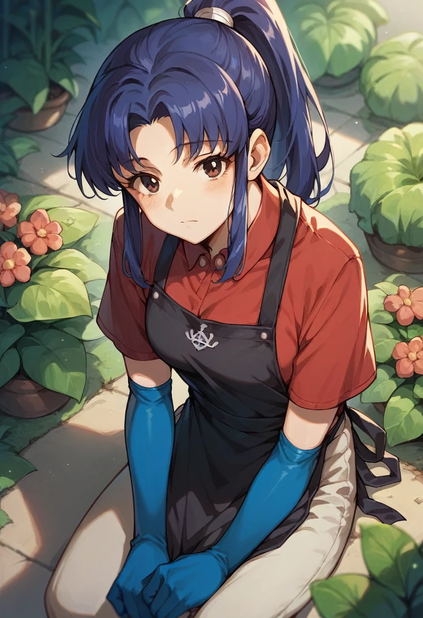 1girl, misato katsuragi, ponytail, ((blue half elbow gloves)), (red shirt), ((long sleeves)), (black apron), (pants), looking at viewer, plants flowers in the ground, digs in the ground, ((in blue half elbow gloves)), solo

