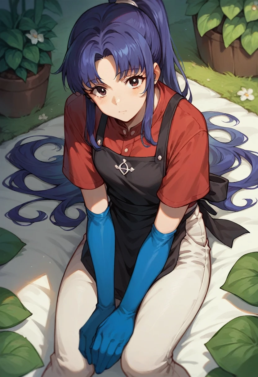 1girl, misato katsuragi, ponytail, ((blue half elbow gloves)), (red shirt), ((long sleeves)), (black apron), (pants), looking at viewer, plants flowers in the ground, digs in the ground, ((in blue half elbow gloves)), solo
