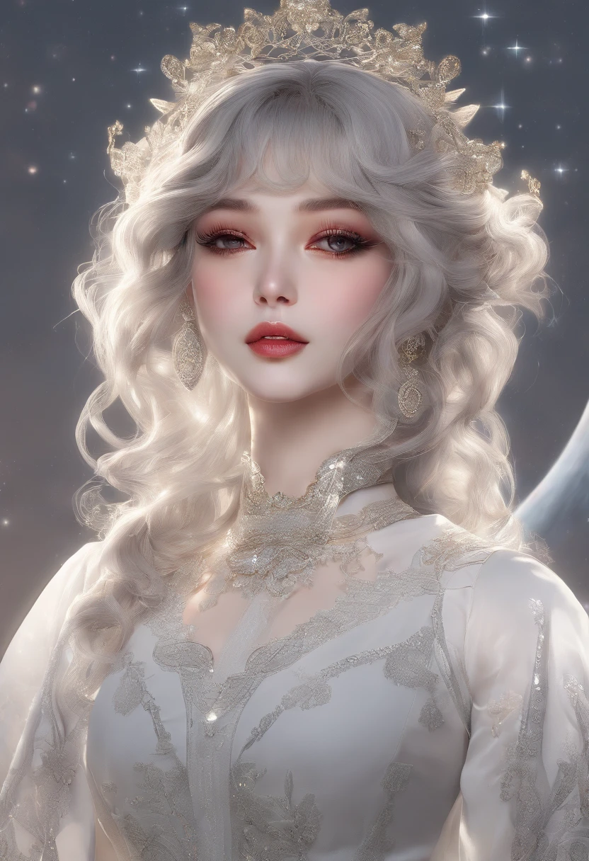 masterpiece, Highest quality, masterpiece, God-like quality, Godly art, Highly detailed face, whole body, Very realistic, cute, Young girl, Big eyes, Long eyelashes, Ash grey color hair, Variegated eyes, Glowing Skin, Fuller lips, Big Lips, Glowing Skin, blush, Nice views, In space, Starry sky background, performer, Dazzling Light, Versatile light, Maid clothes