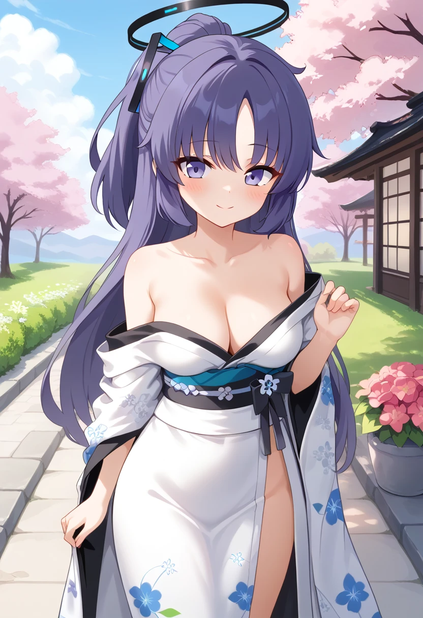 score_9, 1girl, solo, yuuka \(blue archive\), blue archive, halo, purple eyes, purple hair, ponytail, long hair, medium breasts, yuuka-default, cleavage, bare arms, kimono-style maxi dress in a bold floral print, looking at viewer, outdoors, blush, closed mouth, smile, standing, flower garden, pavement, trees, sky, clouds,