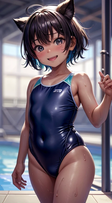 9 year old asian kids, Wearing a one-piece swimsuit, Swimming in the pool, Cute expression, smile, Vibrant, Chubby, sporty, Sweaty, Surrealism, Surrealism, Cinema Lighting, Motion Blur, Ray Tracing, 超High resolution, Accurate, Anatomically correct, Smooth Skin, Super Detail, Attention to detail, high quality, 最high quality, High resolution, 4K  