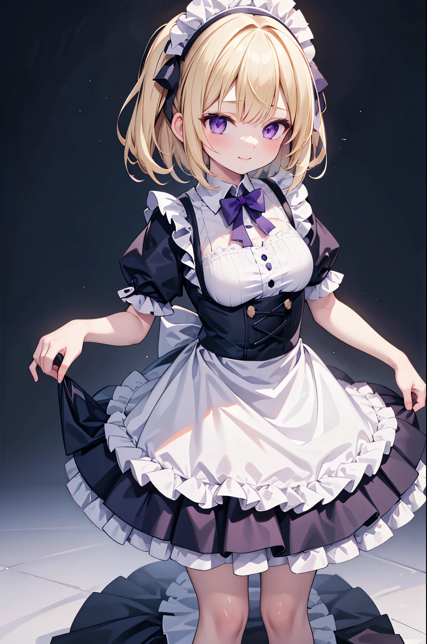 high resolution,smile,woman,woman1人,adult,cute, Medium Hair, Blonde Hair,BREAK,
Purple eyes,Maid clothes,BREAK,Facing forward,BREAK,Light blue background,