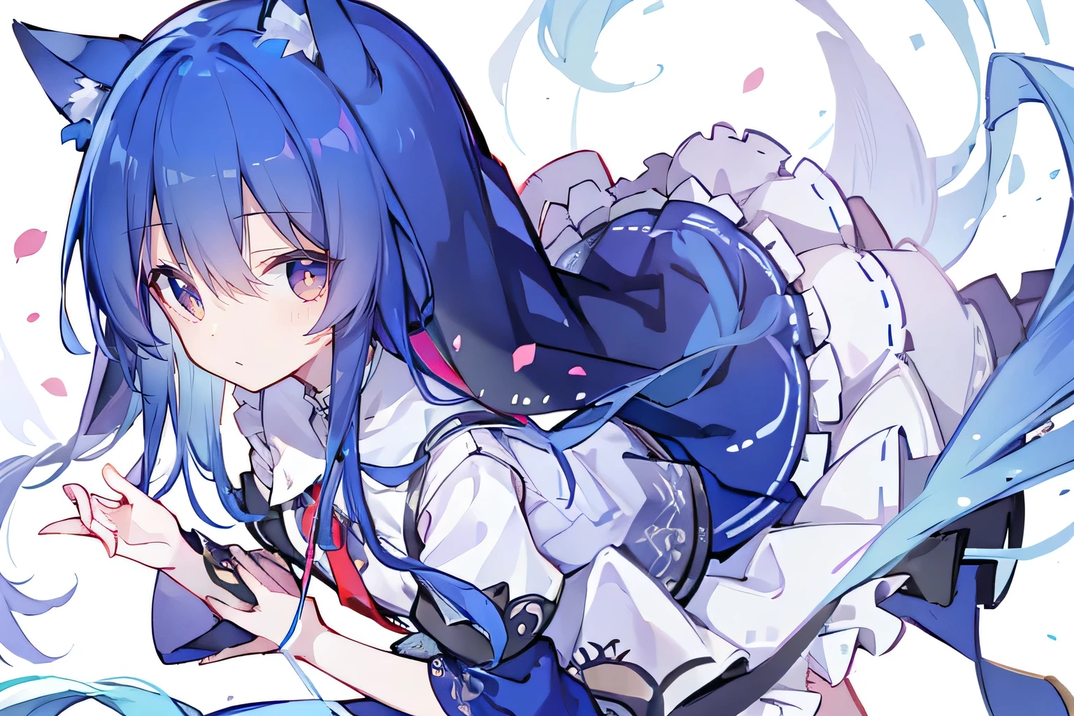 (masterpiece:1.2),Extremely detailed,Practical,expressive eyes,Fair skin,Perfect face shaping,1 Girl,
Japanese cartoons,Gorgeous blue hair, the long flowing blue hair,Floating clothes,Cat ears,Petals fall,beautiful lola,Young Angel,
Place your hands on your waist,sit elegantly on the ground,Cross your legs,Gentle and peaceful background,stately church,nun.