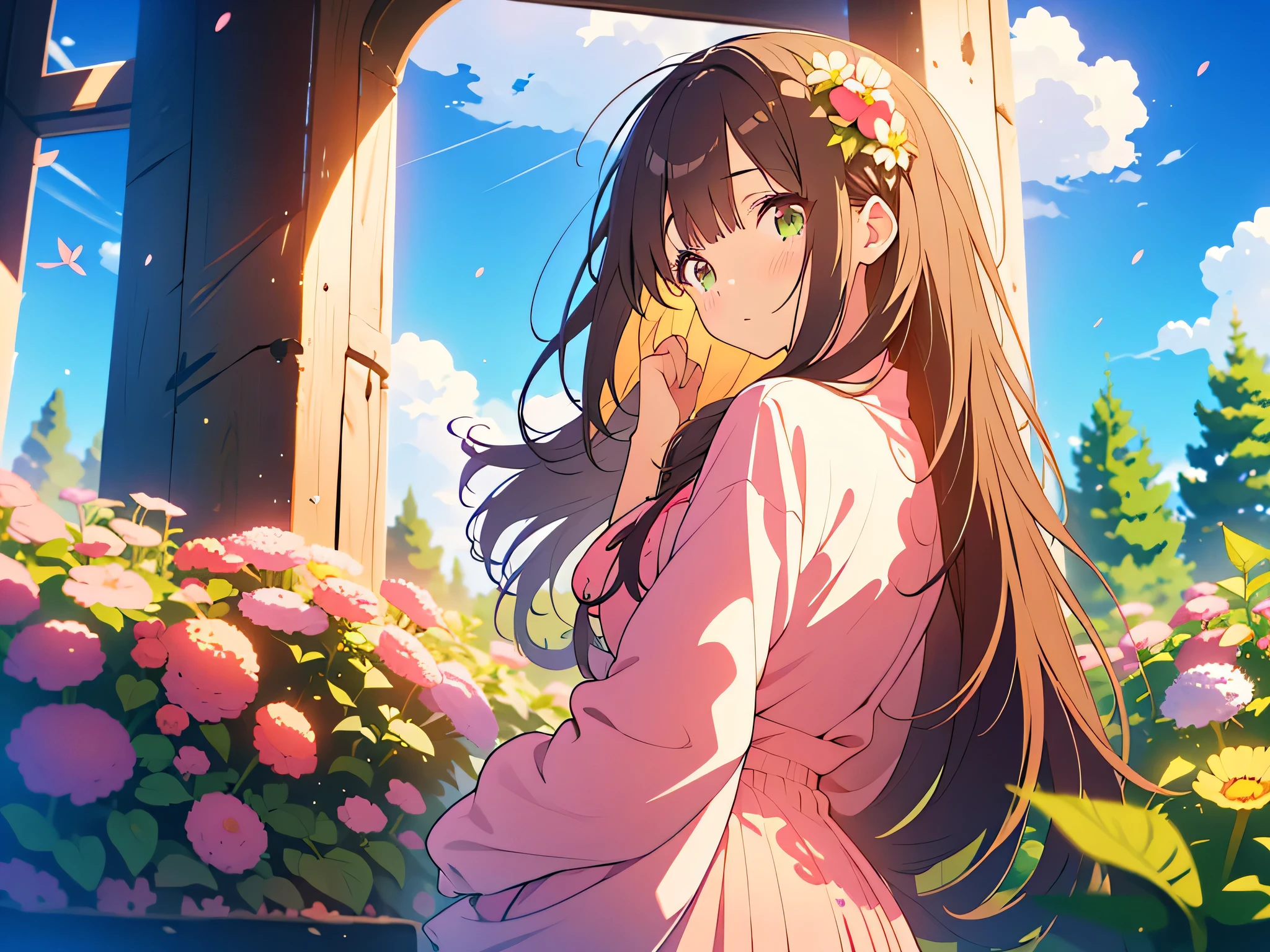 kawaii, anime, Cute, hyper quality, highly detailed, 8k, Clarity, Draw facial expressions in detail, A girl with long dark brown hair and green eyes is crying, pink achillea flower, look up at the sky, Inciting point of view, sky is high, daytime, Seven white birds circle in the sky, Achillea flower garden, back view, whole body,