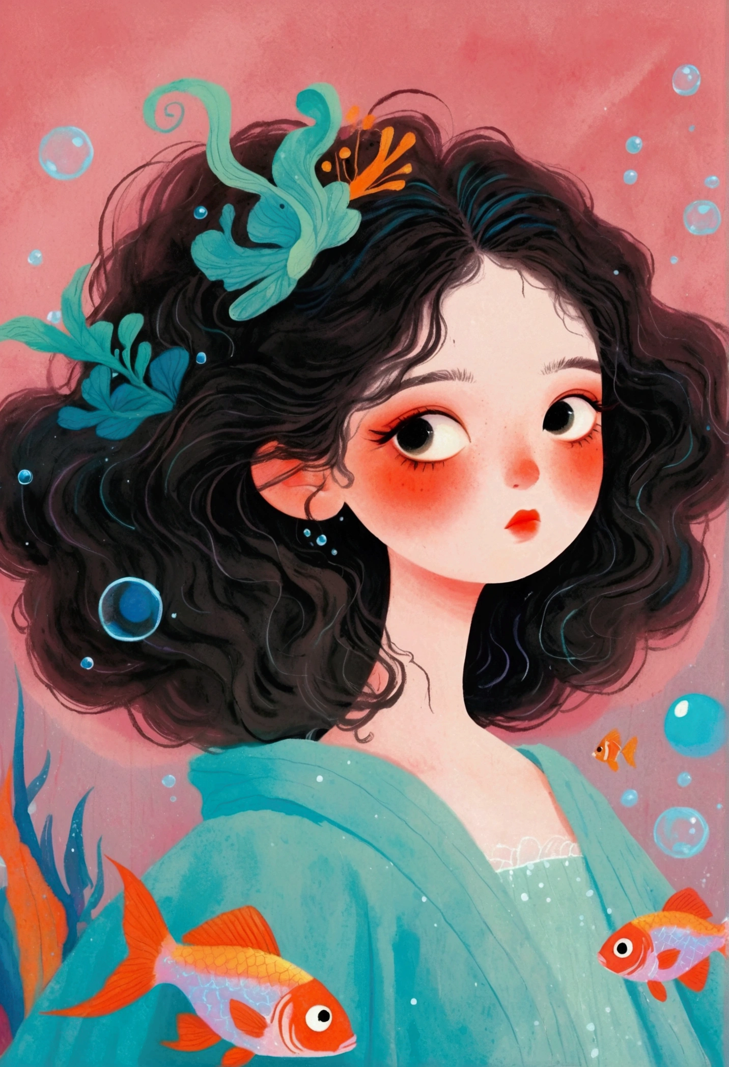 Pastel Art Illustration：A painting of a woman with fish in her hair,Bubbles，big eyes， (((#10: Fluffy Light Hair)))，Jin Nong&#39;s Surrealism, Winner of the Behance competition, Pop surrealism, Color illustrations, A beautiful artistic illustration, Colorfull illustration, Pop surrealism art style, Digital illustration style, Fantasy illustrations, Illustration Art, Magical surrealism, Digital fantasy illustration, Pop surrealism lowbrow art style,Solid color background
