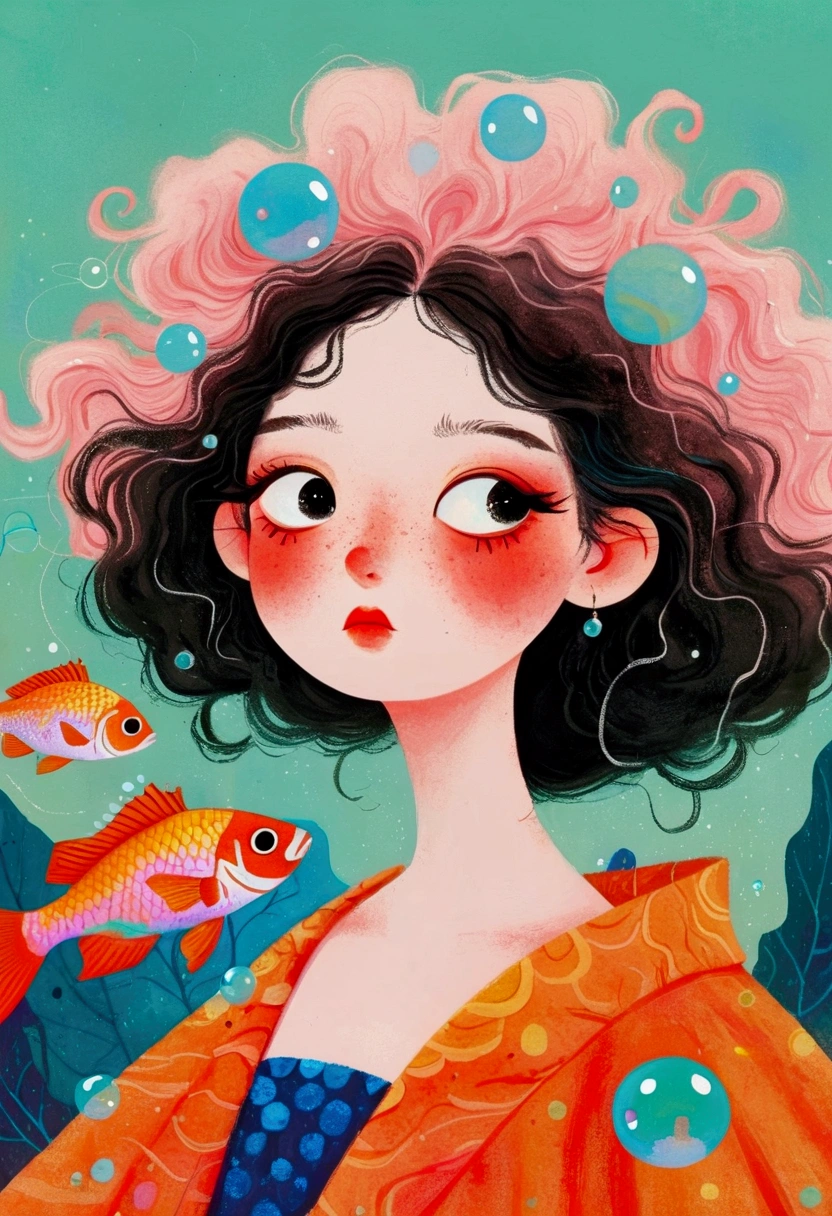 Pastel Art Illustration：A painting of a woman with fish in her hair,Bubbles，big eyes， (((#10: Fluffy Light Hair)))，Jin Nong&#39;s Surrealism, Winner of the Behance competition, Pop surrealism, Color illustrations, A beautiful artistic illustration, Colorfull illustration, Pop surrealism art style, Digital illustration style, Fantasy illustrations, Illustration Art, Magical surrealism, Digital fantasy illustration, Pop surrealism lowbrow art style,Solid color background