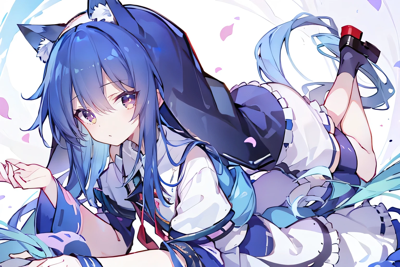 (masterpiece:1.2),Extremely detailed,Practical,expressive eyes,Fair skin,Perfect face shaping,1 Girl,
Japanese cartoons,Gorgeous blue hair, the long flowing blue hair,Floating clothes,Cat ears,Petals fall,beautiful lola,Young Angel,
Place your hands on your waist,sit elegantly on the ground,Cross your legs,Gentle and peaceful background,stately church,nun.