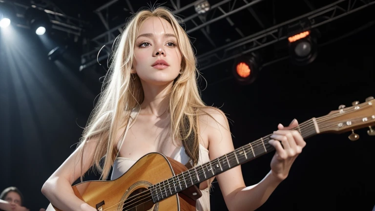 A blonde woman (@micaela), with a guitar in her hand.
in a live show,
on a lit stage,
and large audience.
NEGATIVE PROMPTS
deformity, nudity, defect in hands, defect in face, ugliness,