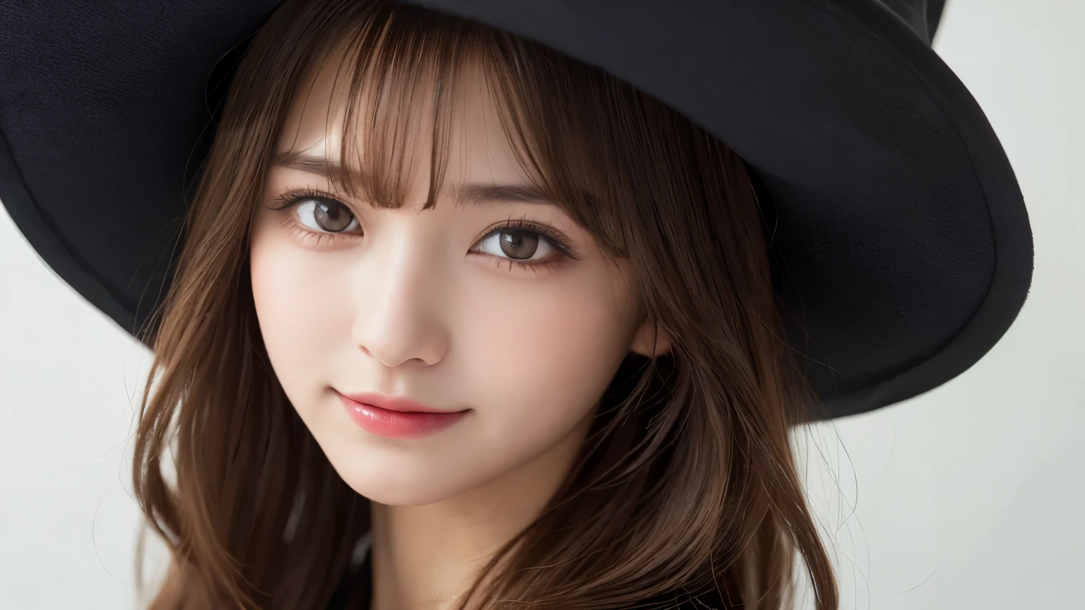 white background, half body portrait, bust shot, one girl, (a beauty girl, delicate girl:1.3), (20 years old:1.3), break, (witch costume, Witch hat, Witch clothes), break, (gates of hell:1.2), break, very fine eyes, (symmetrical eyes:1.3), break, small breasts, brown eyes, parted bangs, brown hair, (smile), break, (eyes and faces with detailed:1.0), break, (masterpiece, best quality, ultra detailed, detailed face, 8k)