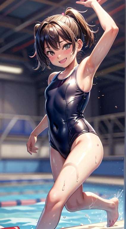 9 year old asian kids, Wearing a one-piece swimsuit, Swimming in the pool, Cute expression, smile, Vibrant, Chubby, sporty, Sweaty, Surrealism, Surrealism, Cinema Lighting, Motion Blur, Ray Tracing, 超High resolution, Accurate, Anatomically correct, Smooth Skin, Super Detail, Attention to detail, high quality, 最high quality, High resolution, 4K