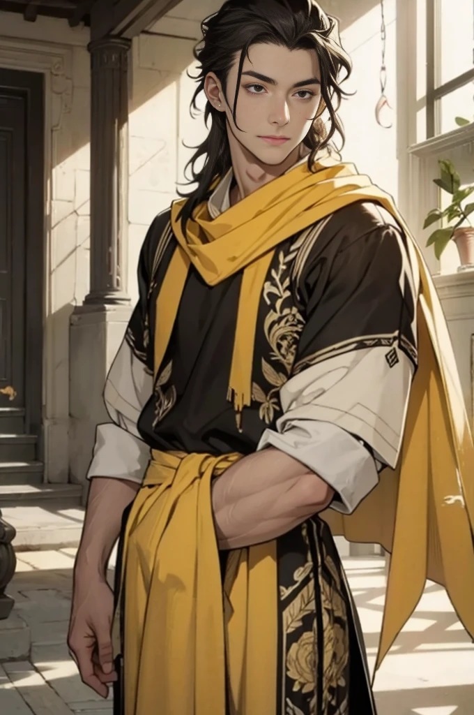 Photo of a dark-haired man looking at the camera、(((Yellow bandana on head))),(((Muscular man)))、(Very detailed CG ユニティ 8k 壁紙,masterpiece, Highest quality, Very detailed),(Best lighting, Best Shadow, Very delicate),good looking ,Roleplaying、Small eyes、Long Hair、Fantasy style clothing、Yellow clothes、Yellow Cape、Black underwear、