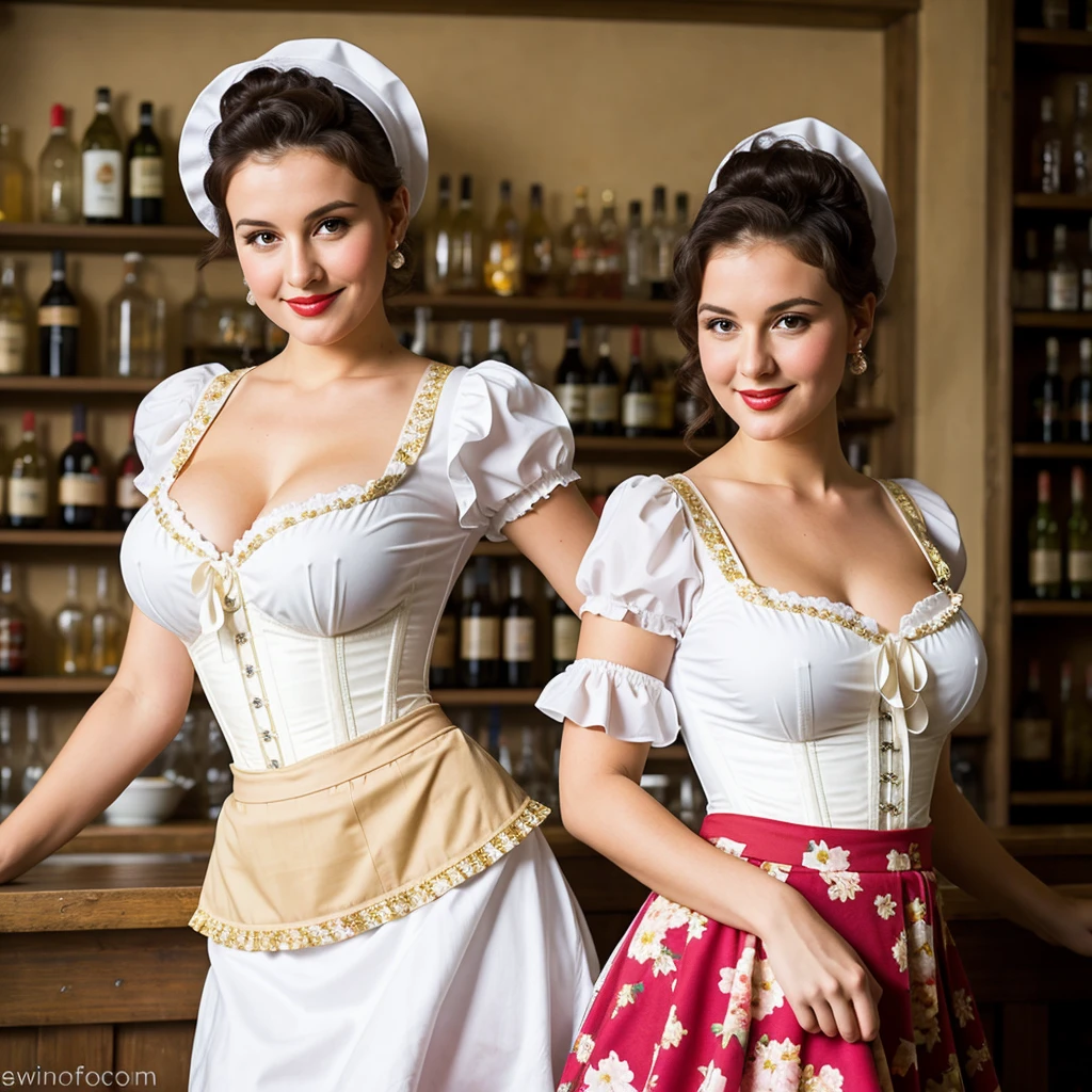 Create a portrait of a Czech bar-waitress with big enough breasts in the pinup style. She has a playful and confident expression, exuding glamour. She is dressed in a traditional white blouse with decolletage and puffed sleeves, a low neckline, and a corset-style vest. She wears a colorful skirt with a floral pattern, an apron, and a headscarf.