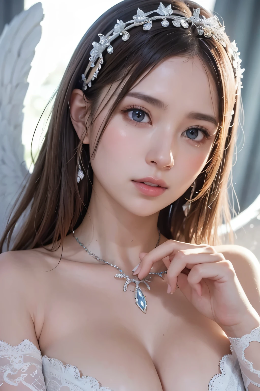 spelling the magic, wearing silver something like cosplay outfit, impossible fantasy scene, have the white wings on back, flying over the sea, holding mage silver big bow and silver arrows, firing an silver arrow, all around area is shining, detailed face, long white hair, wearing gorgeous hair ornament, hair is shaggy and dishevelled by the wind, beautiful white-colored translucent skin, slendar figure, skiny chest , the veins on the chest are faintly visible, no-makeup, small nose, smooth shaped jawline, glossy face, flushed cheeks, a little sweating, detailed eyes, a gaze that seems to glare at something, crying and shedding big tears, mouth wide open as if screaming, detailed lips, beautiful long eyelashes, photorealistic, highly detailed, 8k, best quality, masterpiece, vibrant colors, dramatic lighting, cinematic composition, digital art