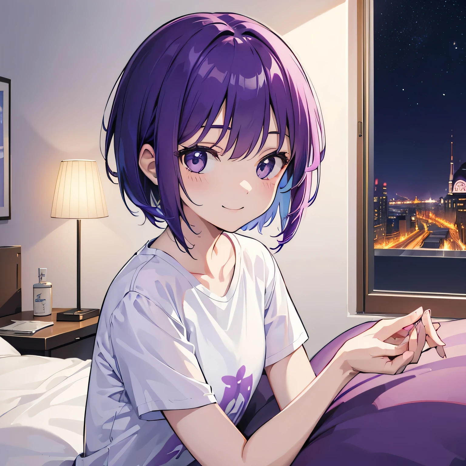 (T Masterpiece,4K wallpaper,Best Quality))、((girl1people))、(solo)、Bright and Brilliant,(Purple Hair)、(short hair:1.3)、smile、Bedroom、T-Shirts、night