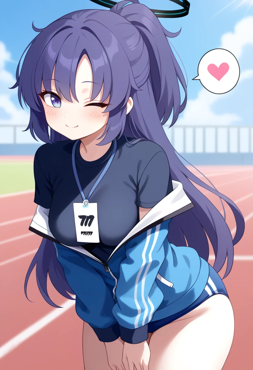 score_9, 1girl, solo, yuuka \(blue archive\), blue archive, yuuka \(track\) \(blue archive\), halo, purple eyes, purple hair, long hair, ponytail, thick thighs, medium breasts, yuuka-gym, id card, blue jacket, track jacket, black shirt, blue buruma, cowboy shot, leaning forward, v arms, looking at viewer, breasts, blush, smile, one eye closed, ;\), closed mouth, heart, spoken heart, outdoors, day, blue sky 