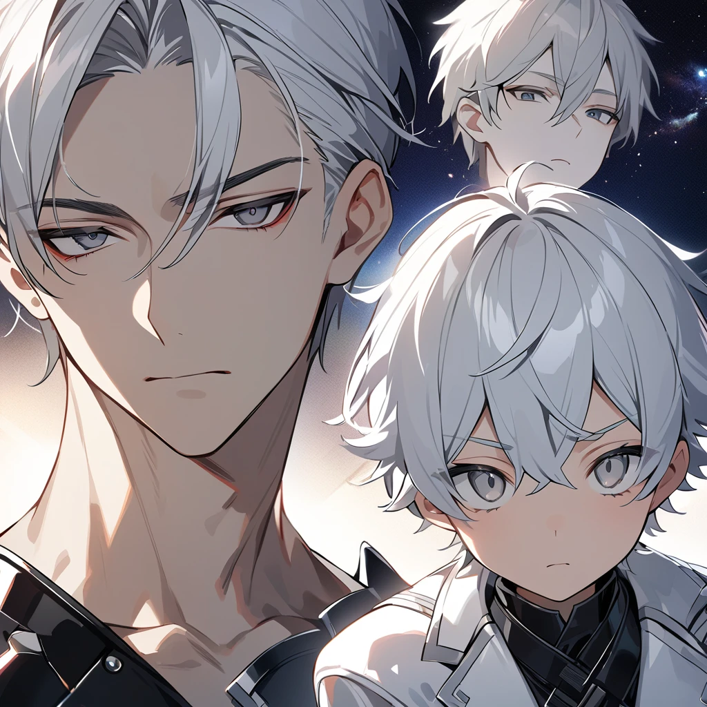 High quality, HD, 4k, no shadows, handsome male, 1male, 17 years old, teenager, short white hair, silver hair, white hair, sharp eyes, grey colored eyes, deep grey eyes, grey eyes, devil may cry, close up, calm expression, stoic expression, black leather clothes, white leather clothing, lean body, well trained body, upper body, looking at viewer, cowboy shot, white solar, space background