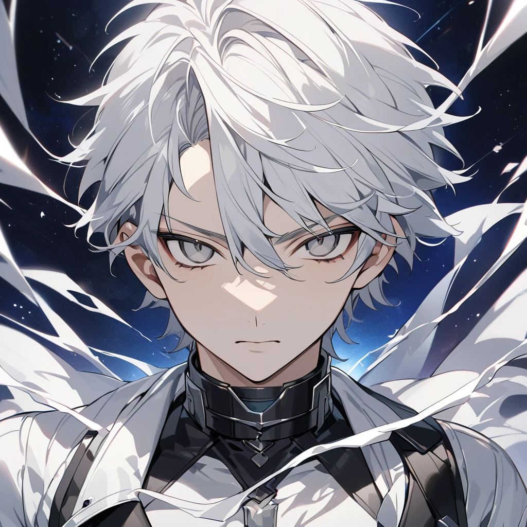 High quality, HD, 4k, no shadows, handsome male, 1male, 17 years old, teenager, short white hair, silver hair, white hair, sharp eyes, grey colored eyes, deep grey eyes, grey eyes, devil may cry, close up, calm expression, stoic expression, black leather clothes, white leather clothing, lean body, well trained body, upper body, looking at viewer, cowboy shot, white solar, space background