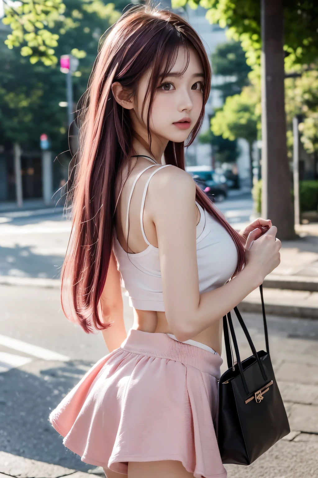 masterpiece,Highest quality,Very detailedな,(Take in the view),Black Hair,Realistic,18-year-old,(Bokeh),Sweat,blush,,(orgasm),Natural pose, artistic、Very detailed,(Beautiful pink hair, Beautiful eyes, Long Hair, ),Pink Hair Color、Hair with movement、The wind is blowing、White camisole、Frilled mini skirt、From the side、Holding a gift bag in one hand、