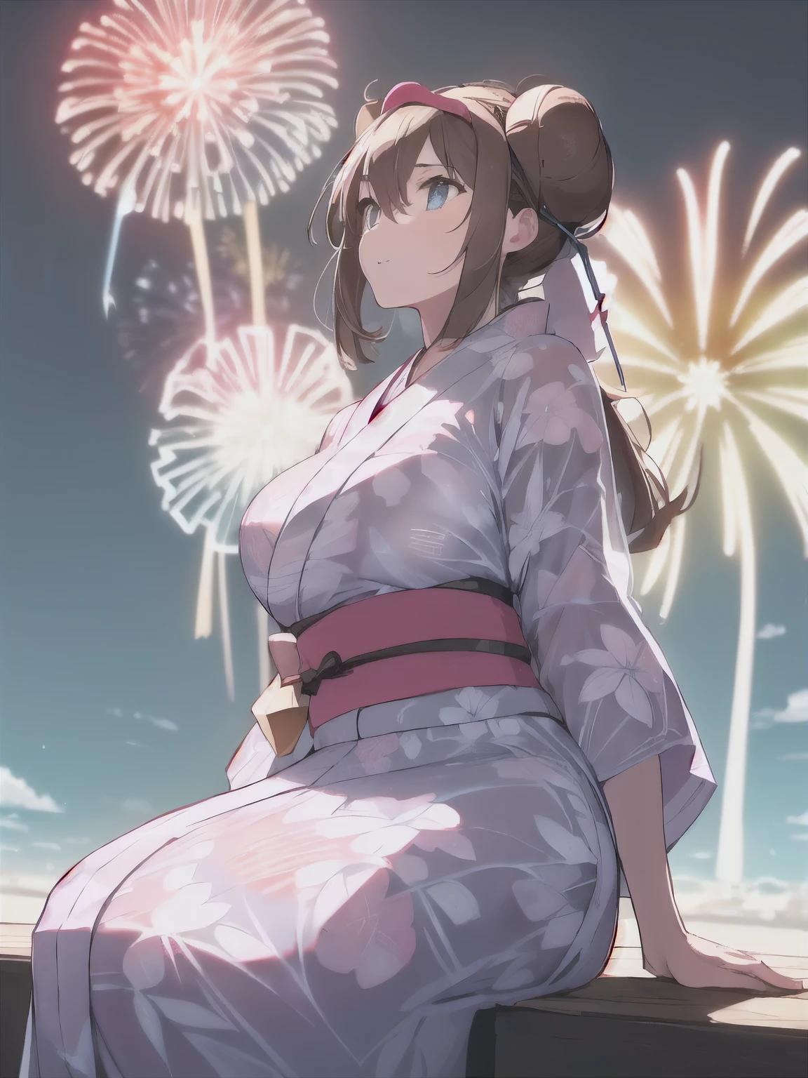 (Highest quality,128k, masterpiece:1.55, photorealistic, hyperrealistic), Ultra detailed face, Detailed lips, Detailed eyes, double eyelid,
BREAK (looking up:1.5), (from below:1.25), cinematic angle, sitting, hand between legs,
BREAK 1girl, solo, (full breasts, pointy breasts, sagging breasts:1.5), (perspired:1.5),
BREAK rosa, brown hair, double bun, doughnut hair bun, hair bun, blue eyes, hair between eyes, twintails,
BREAK nipples through,
BREAK visor cap, (see-through yukata:1.75), floral printed light blue yukata, wide sleeves, long sleeves, (folded fan),
BREAK at night, outdoors, (aerial fireworks:1.5), Rough Seas, Moonlit Ocean, in the Sandy Beach,