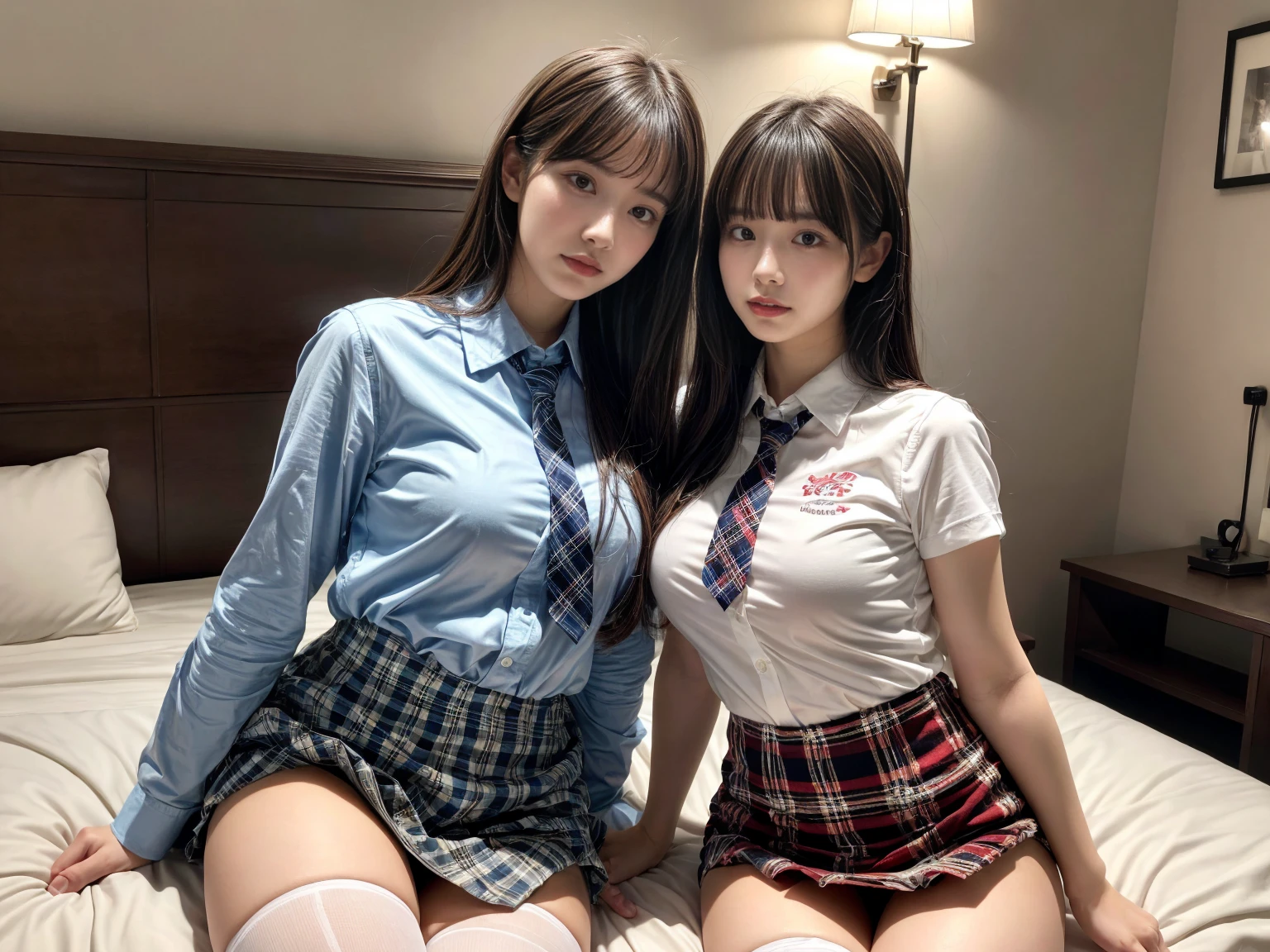 masterpiece, best quality, illustration, Super detailed, fine details, High resolution, 8K,wall paper, perfect dynamic composition,(Details High quality, realistic depiction of eyes:1.3), (2 girls), (white school shirt :1.2), (plaid skirt :1.3), tie black, black thigh-high stockings, sitting, open legs, short bob hair, in a hotel room in the background, deep on field, large breasts, black hair color, Big Natural Color Lip, (perfect body shape), crying a little、Harajuku style、20 year old girl、cute type、beautiful legs, Gravure Idol