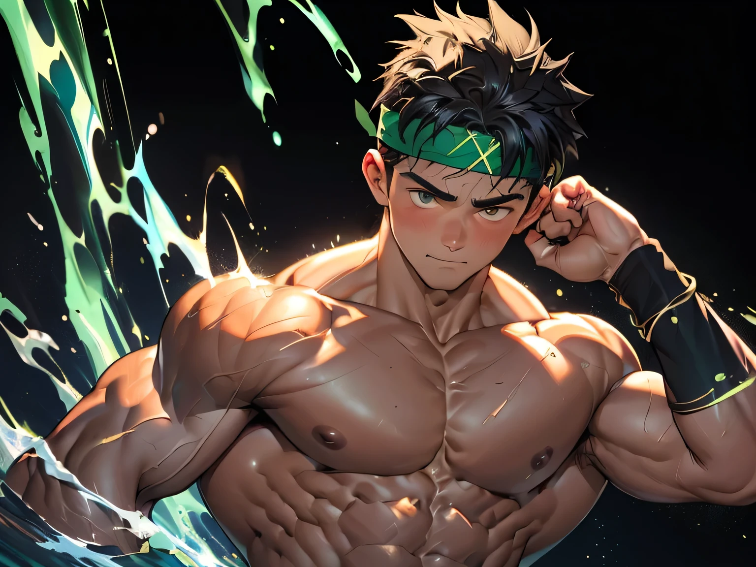 ((masterpiece, best quality)), (((((black background, deep night, upper body))))), (19 year old boy, worm eyes, Young boy, muscler, Shirtless, topless), ((((1boy, flesh, tough, reliable, developed body, blue and green aura effect, holding aura energy)))), (Dark Short straight hair, ((almost completely shaved hair)), under cut, brown eyes), (((red headband, black wristband))), Vivid colors, ((hot Abs:1.2, abs!, big abs, big breast:1.2, chest!, muscler upper arms)), muscler!, muscler body, detailed face, detailed muscle, (((rippling muscles, Flowing energy, giving off an aura of holy power))), Include intense special effects such as bursts of light, energy waves, and wind to emphasize the power of his magic. Highlight his aura