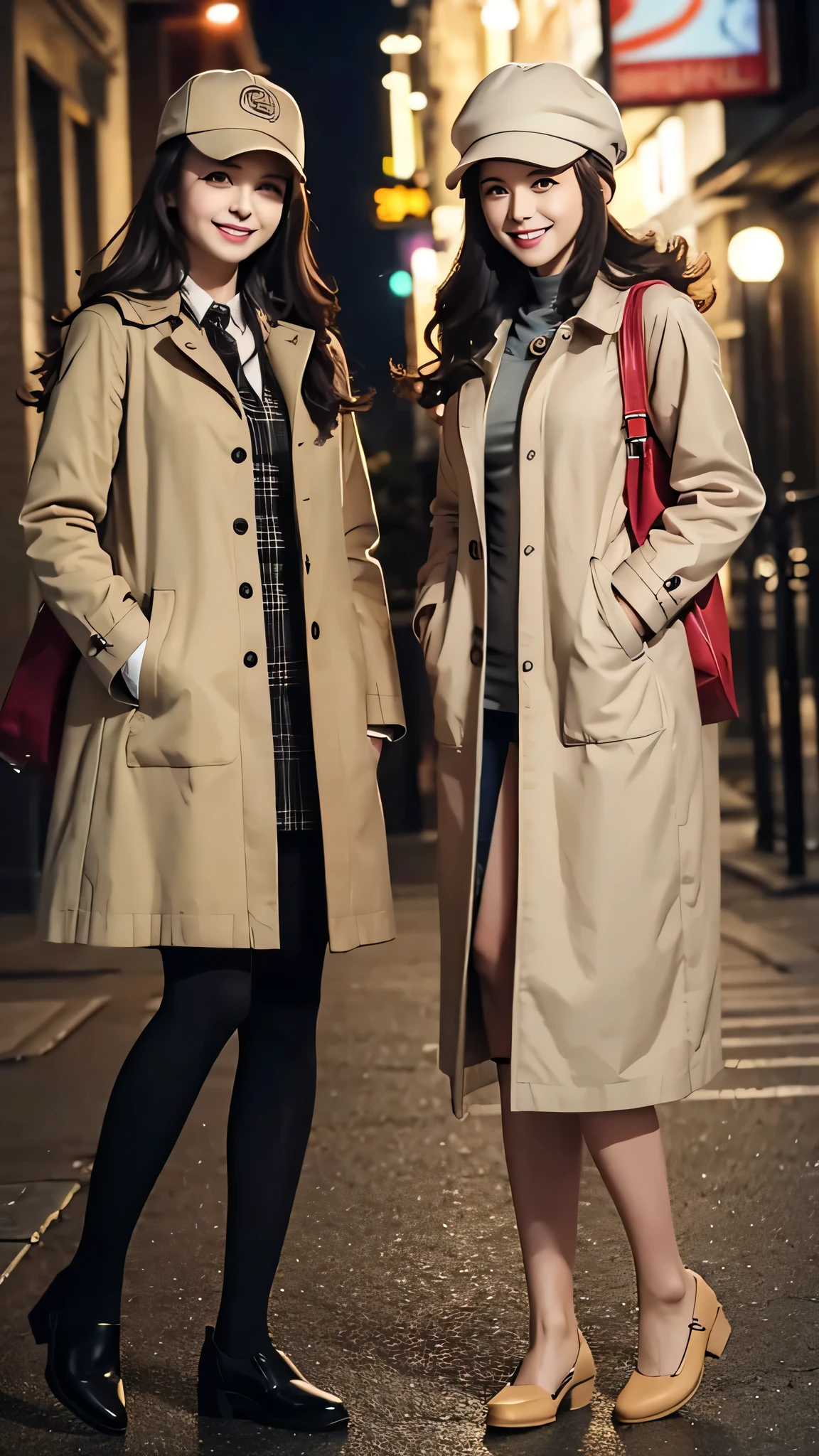 Woman in coat、two women standing、スキニーデニム、ブーツ、Full body photo、Are standing、Wavy Hair、hat、smile、Background is a park at night。.