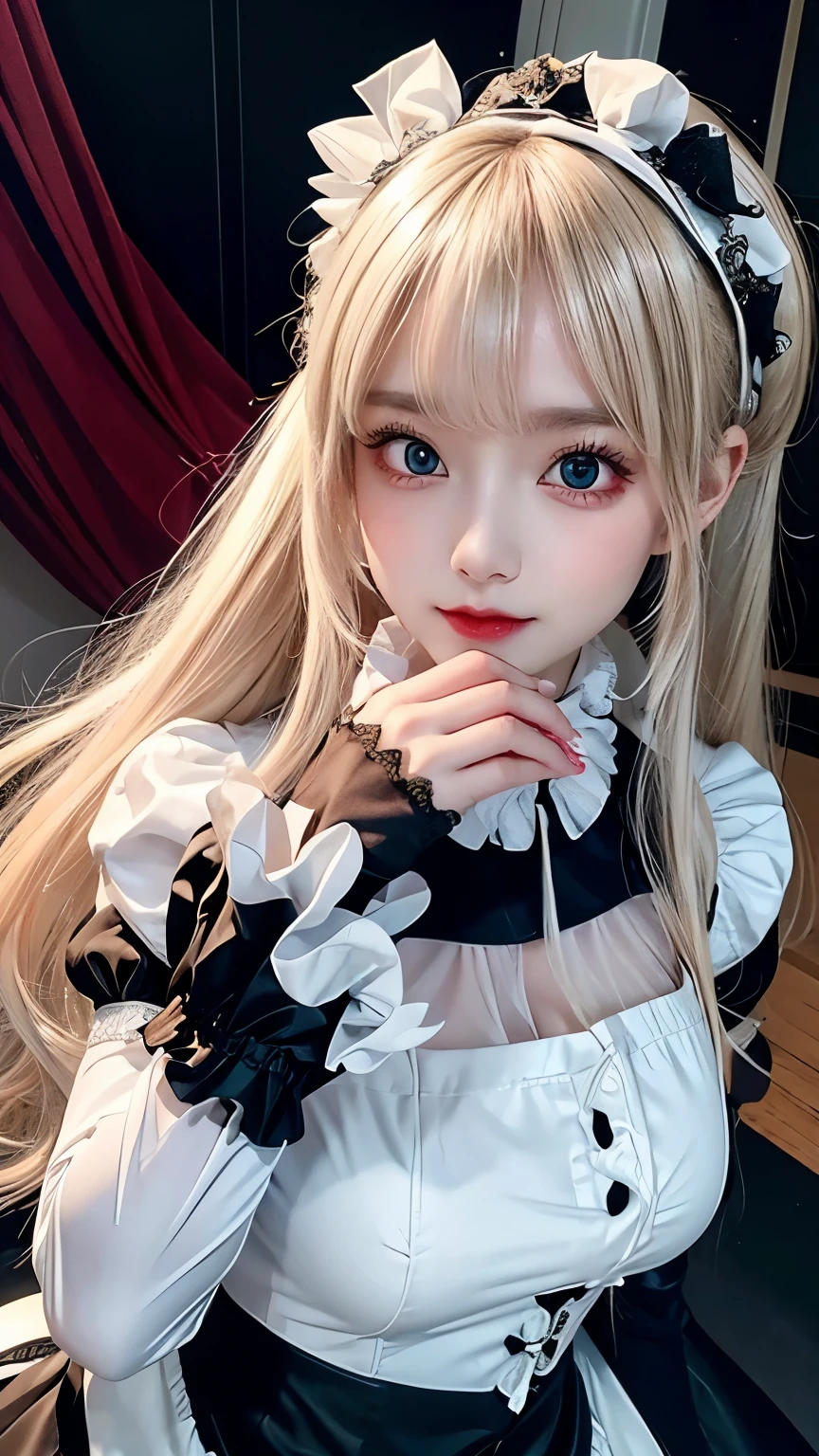 masterpiece, best quality, 8k, 8k UHD, ultra-high resolution, ultra-high definition, highres,
,//Character,
1girl, solo, gril feeling,
star in eye,
///hair,
(high light blonde hair), ponytail, hair ribbon, white ribbon, hair bow,
///expression,
charming expression,
///((Gothic Lolita style maid outfit)),
white gloves,
Elegant - she wear noble and Sexy white-black dress, long sleeves, juliet sleeves, frills, puffy,
Majestic - as a strong individual,she exudes a heroic and imposing aura,
/// action,
one arm push forward, Soulful chant,
//Fashion,
hoshino ai,
//Background,
dawn,Mizuki_Lin