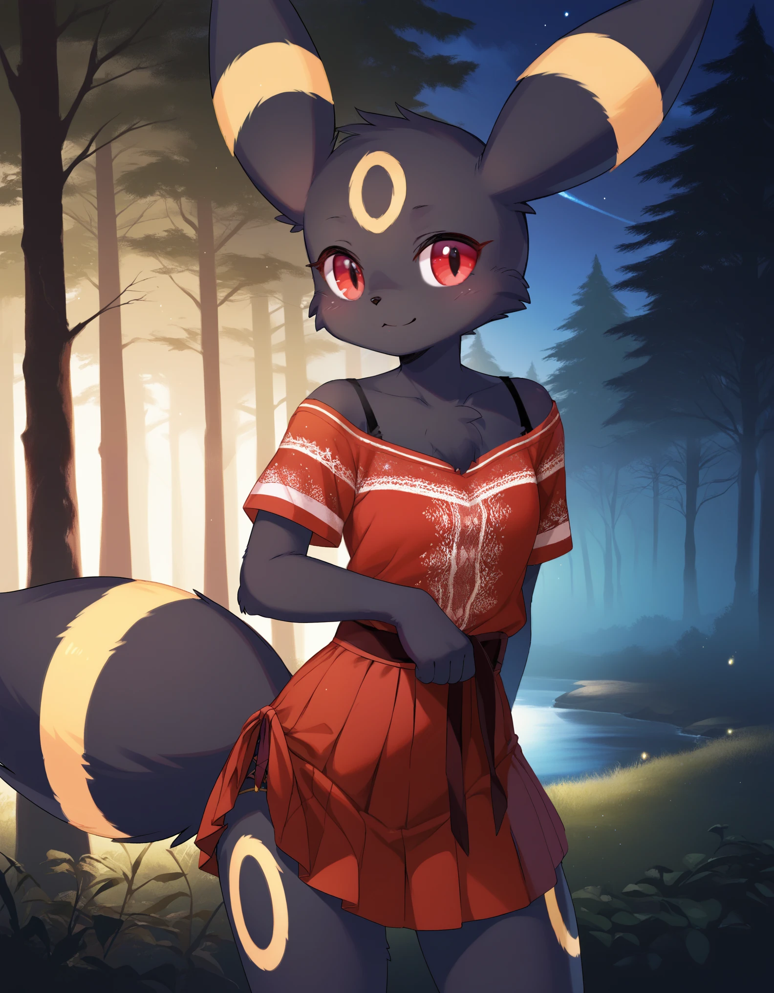 score_9, score_8_up, score_7_up, source_furry, rating_safe, (ancesra), 1girl,anthro, umbreon, black body fur, gold markings, pokemon, red eyes, fluffy fur, at night, moonlight, forest, detailed background, best quality, clothing