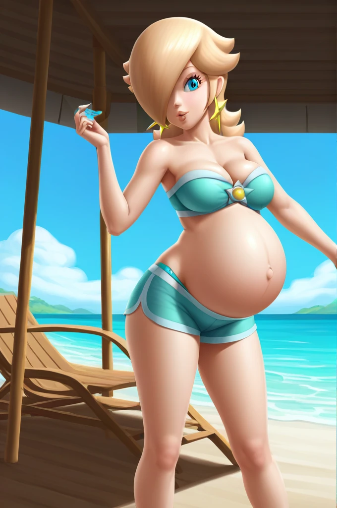 score_9, score_8_up, 1girl, solo, rosalina, style parody, thick outlines, blue bikini, shorts, pregnant belly, sleeveless, strapless, cleavage, indoors, beach, 