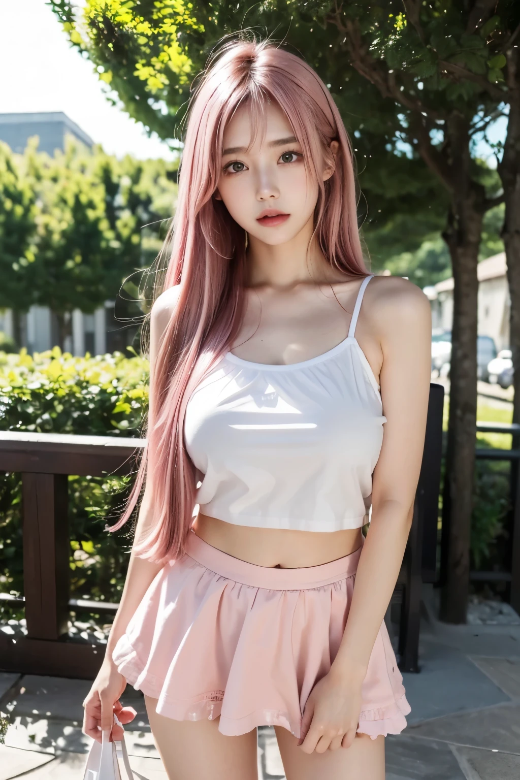 masterpiece,Highest quality,Very detailedな,(Take in the view),Black Hair,Realistic,18-year-old,(Bokeh),Sweat,blush,,(orgasm),Natural pose, artistic、Very detailed,(Beautiful pink hair, Beautiful eyes, Long Hair, ),Pink Hair Color、Hair with movement、The wind is blowing、White camisole、Frilled mini skirt、Because it was tilted、Holding a gift bag in one hand、