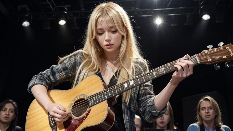 A blonde woman (@micaela), with a guitar in her hand.
in a live show,
on a lit stage,
and large audience.
NEGATIVE PROMPTS
deformity, , defect in hands, defect in face, ugliness,