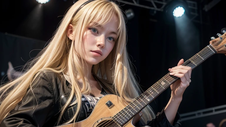 A blonde woman (@micaela), with a guitar in her hand.
in a live show,
on a lit stage,
and large audience.
NEGATIVE PROMPTS
deformity, , defect in hands, defect in face, ugliness,